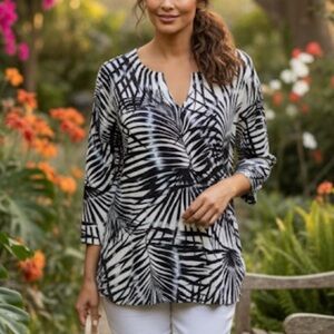 NWOT CHICOS Palm Frond Print 54% Silk Knit 3/4 Sleeve Pullover Sweater 3/XL